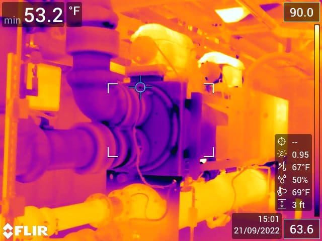 Identified higher than normal heat signature on second pump motor. This indicates pump motor will fail in the near future casing residents disruption in a high-rise building. Confirmed motor pump was exceeding manufacturers amp draw and scheduled replacement during low resident impact hours.